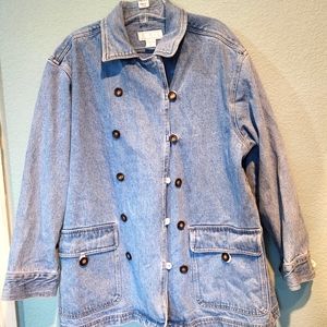 Vintage 90s y2k Denim Light Double Breasted Button Jacket Coat Cotton Heavy Sz L